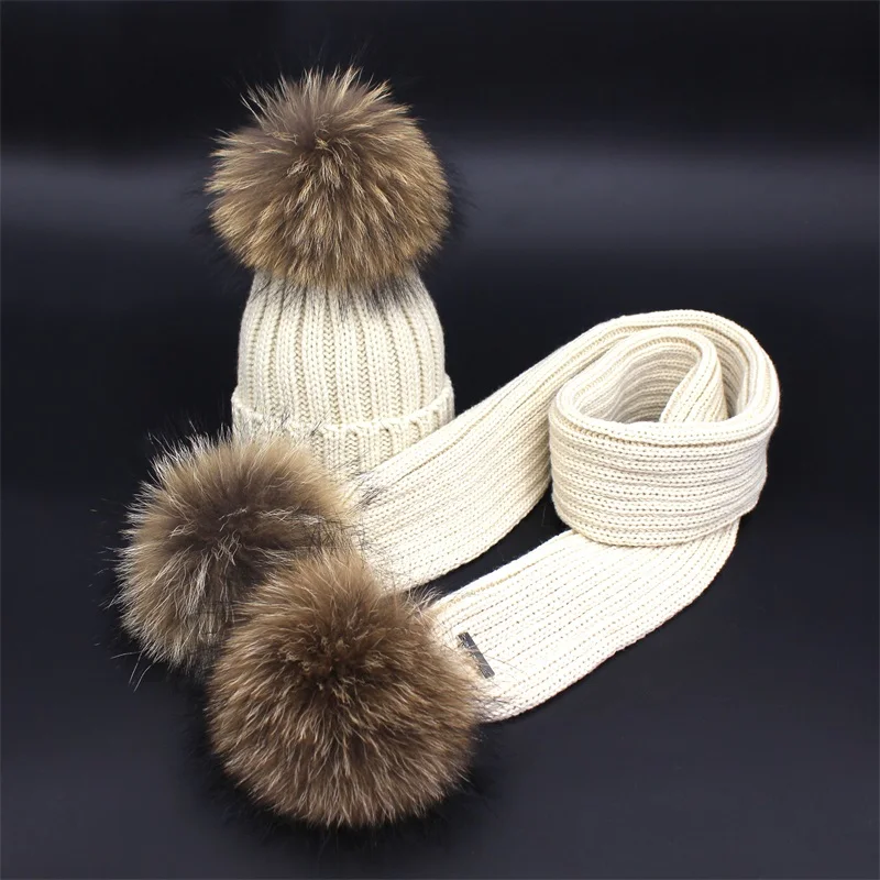 

Ditpossible knitted hat scarf set kids winter real fur pompom hats girls skullies scarves for children