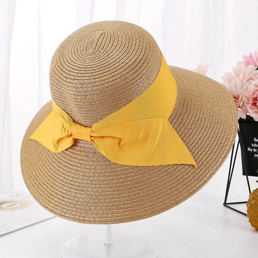 

Summer Handmade Bow Straw hat Womens Anti-UV Sunbonnet Foldable Bucket Hat Elegant Bow Beach Cap Sun Hat For Women