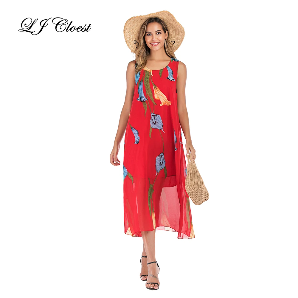 Женское шифоновое платье без рукавов с круглым вырезом и цветочным принтом |