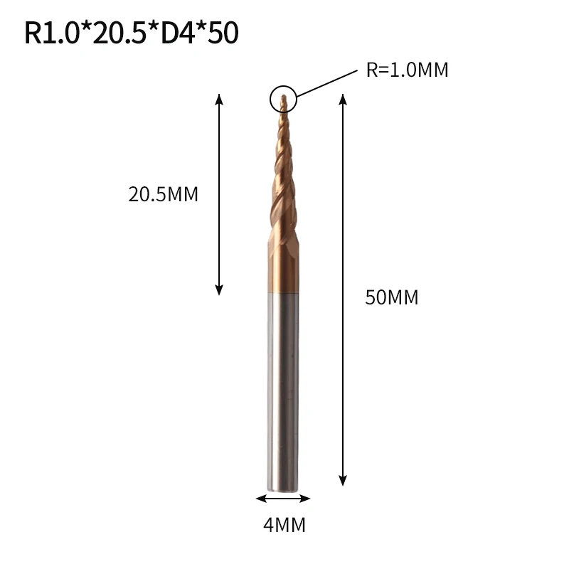 R1X20.5XD4X50L Augusttools конические сферические Концевые Фрезы HRC60 из карбида вольфрама с ЧПУ фрезерный станок для дерева, металла, фрезерования 3,175 мм 4 мм 6 мм 8 мм - Длина режущей кромки: R1X20.5XD4X50L