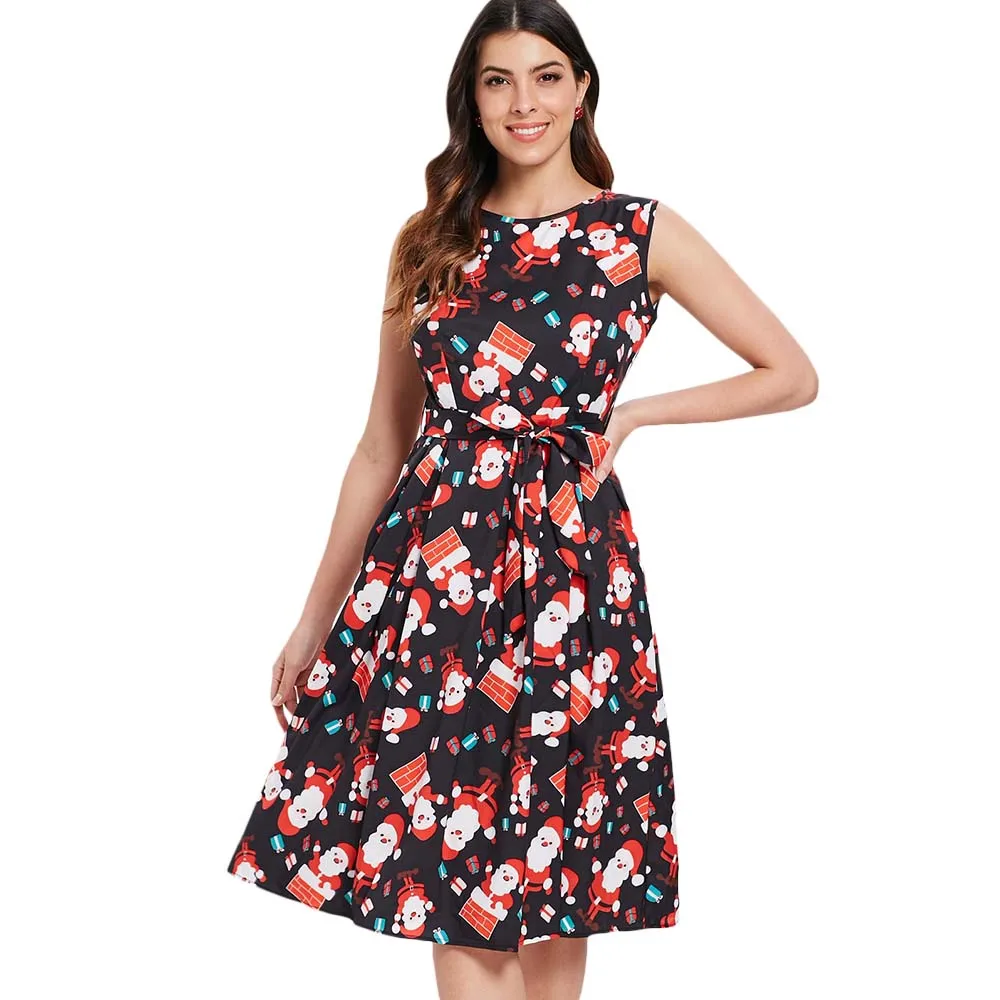 Женское платье миди VESTLINDA рождественское с поясом и принтом Санта Клауса без