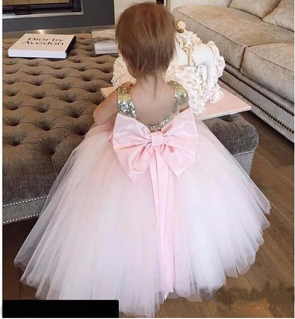 Pink Baby Girls Birthday Gown Flower Girl Dresses with Bow  Sequins Top Puffy Kids Clothes Size1-16Years