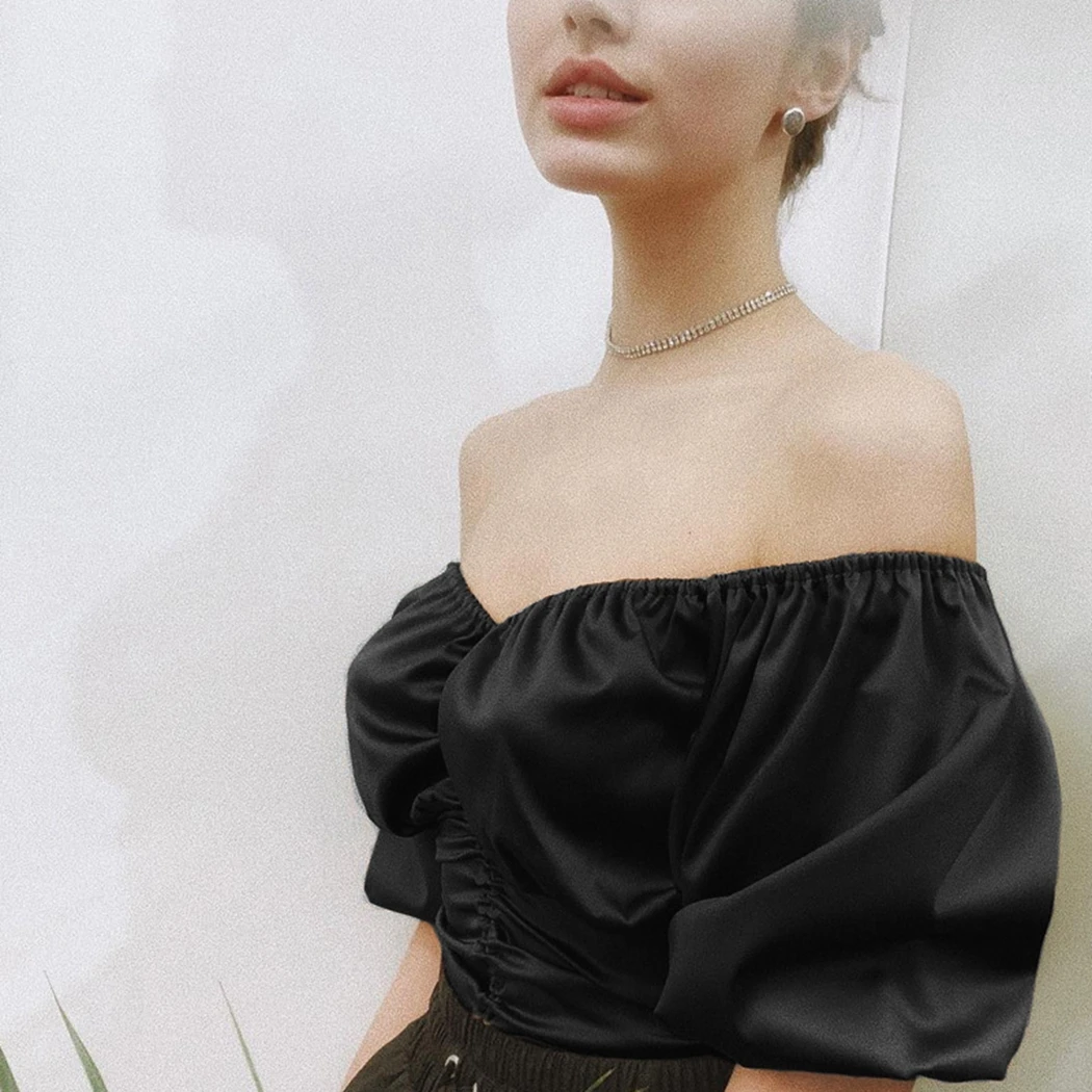 Sexy Retro Black Drawstring Crop Top Women V-Neck Off Shoulder Short Sleeve Blouses Ladies Vintage Slash Neck Bandage Shirt Tops |