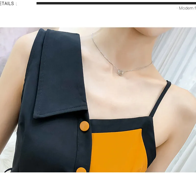Vestiti Delle Donne Di Modo Spalle Sling Monopetto Irregolare Sexy Del Vestito Cinturino Nero giallo Splice Aderente | Женская одежда
