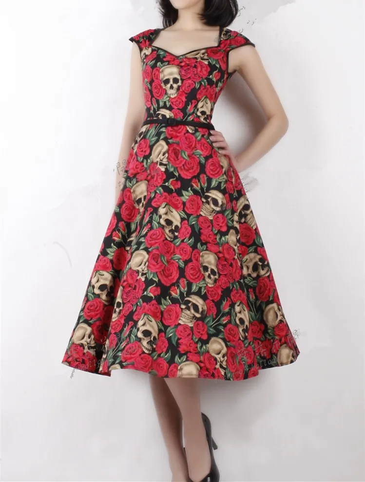 Женское винтажное платье миди с принтом черепа розы без рукавов рокабилли пинап