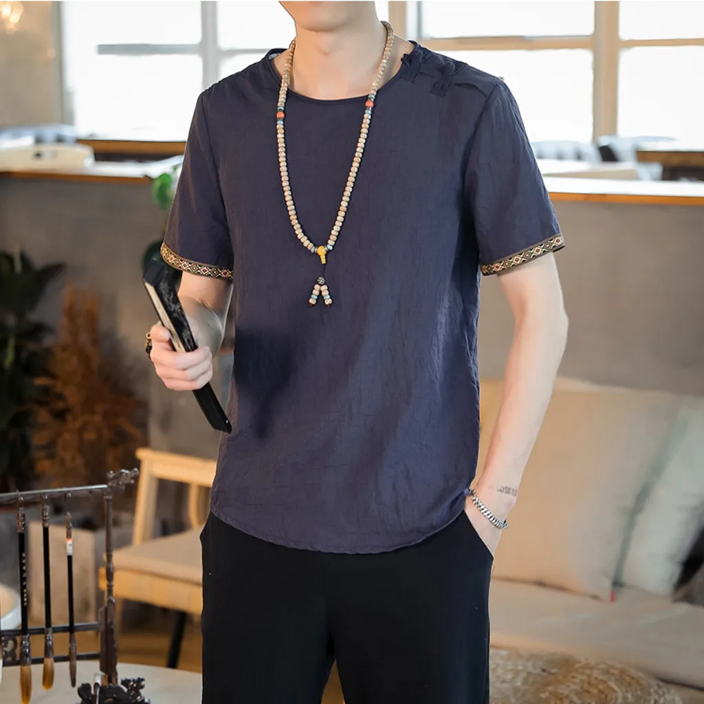 Мужские футболки винтажные топы мешковатая вышивка хлопок лен одноцветная
