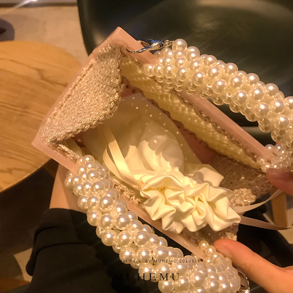 Женская сумка с жемчугом винтажная женская в стиле ретро ручками и бусинами 2019 |