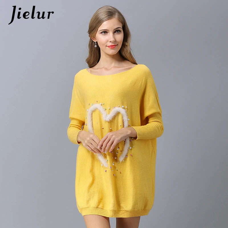 Jielur Europe Beading Love Autumn Sweater Women Loose Batwing Sleeve Chic Yellow Top Femme Elegant High Street Sueter Mujer 2018 | Женская