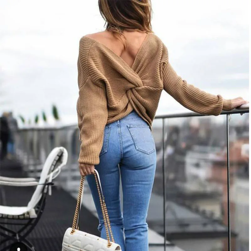 Bothwinner V Neck Twisted Back Sweater Women Jumpers Pullovers Long Sleeve Knitted Sweaters Pull Femme | Женская одежда
