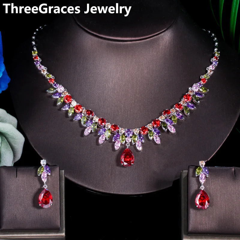 ThreeGraces мульти Красный кубический цирконий камень длинный цветок серьги ожерелье