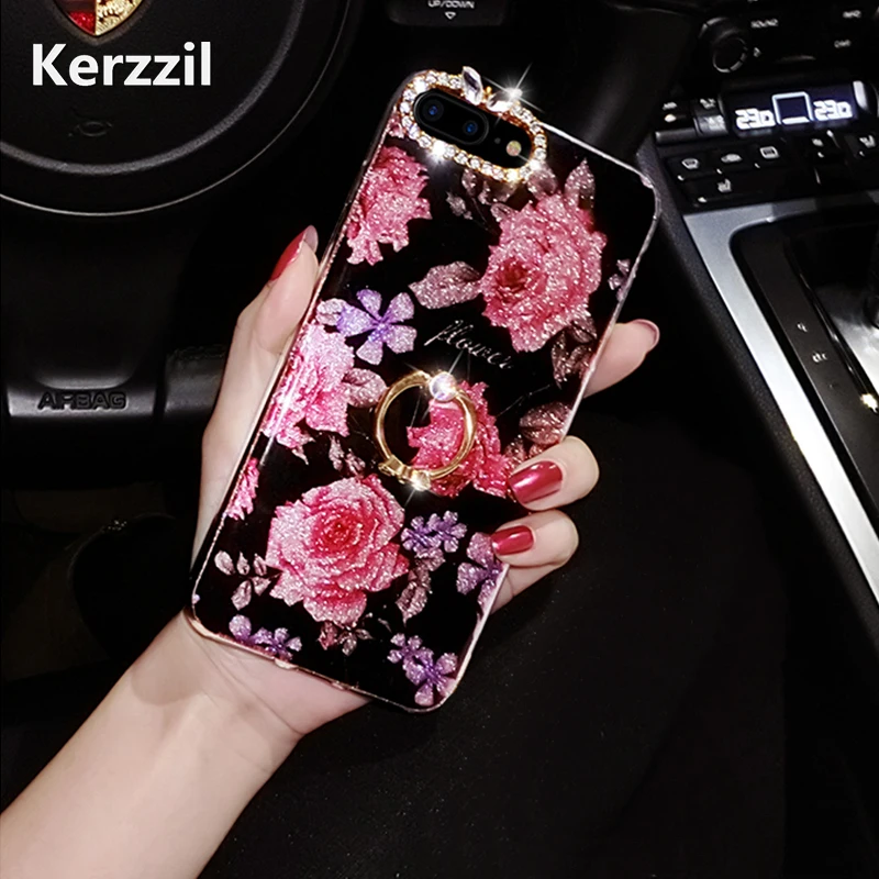 Kerzzil Vintage Rose Flowers Diamond Giltter Cover Case for iPhone 6 7 6S Stand Cases 8 Plus Hard Coque |