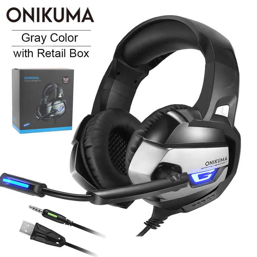ONIKUMA шлем PS4 гарнитура PC Gamer стерео Бас Игровые наушники с микрофоном светодио дный огни для Xbox One/ноутбук стол - Цвет: Gray with Retail Box