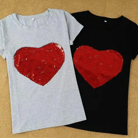 Женская футболка с короткими рукавами блестками и сердечками хлопковые топы
