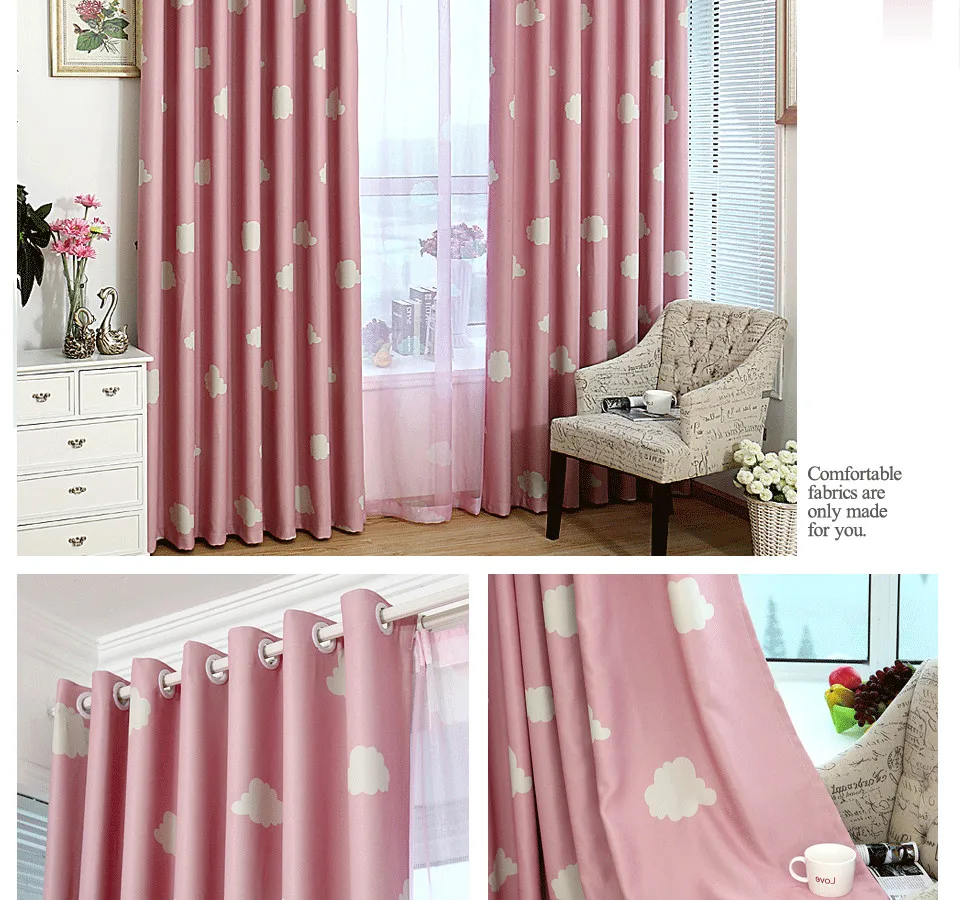 ICECUR Korean Style Cartoon Children Blackout Curtains White Clouds Printed for Kids Bedroom Living Room Girl Room Window Drapes