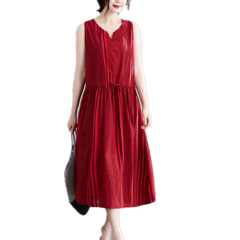 2019 Summer Women Striped Print Bohemian Short Sleeve Loose Party Cotton Linen Waist Belts Vestido Casual Dress Plus Size | Женская