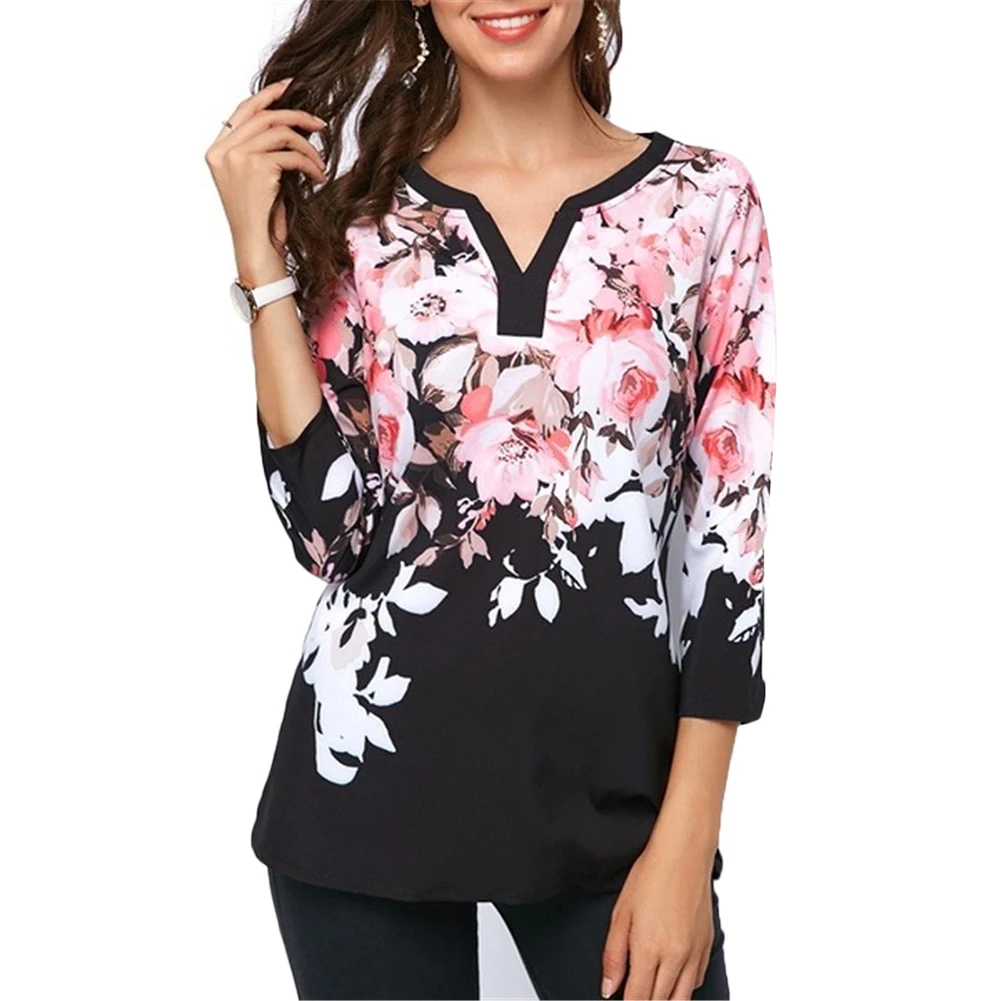 Женская футболка с цветочным принтом Boho Повседневная рукавом три четверти и v