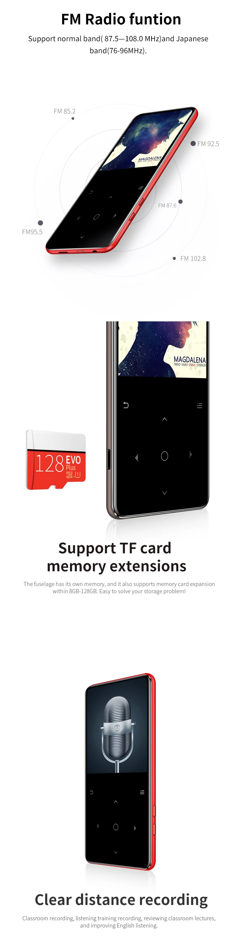 HIFI MP3 плеер с Bluetooth 4,0 спортивный цифровой звук MP3 музыкальный плеер Видео плеер FM радио встроенный динамик плеер