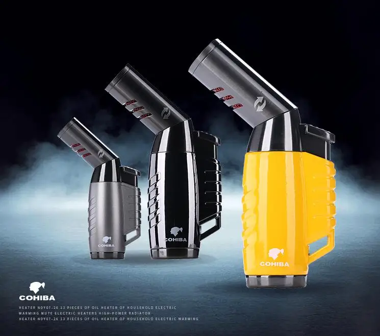 COHIBA Желтый Серый Металл поворотный Gasline тройной пламени факел ветрозащитный Professional сигары Авто прикуриватели с подарочной коробке