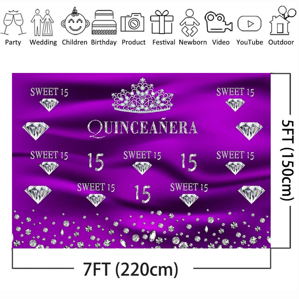 Neoback Quinceanera фиолетовый фон сладкий 15 день рождения фотографии задний план украшения баннер алмаз для взрослых церемония