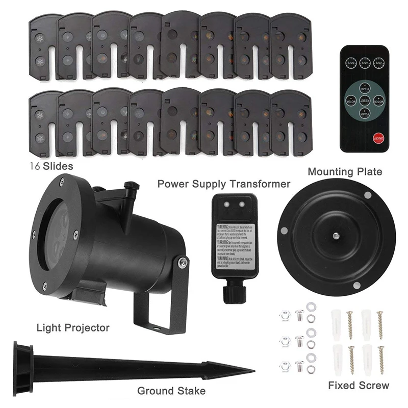 Лазерный проекционный светильник с 16 рисунками движущийся со снежинками