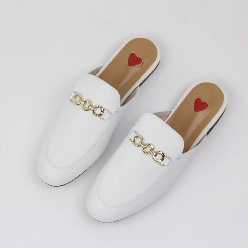 cow leather white Г., брендовая Летняя обувь из натуральной кожи без застежки, большие размеры, с вышивкой, на плоской подошве, с петлей на пятке, шлепанцы без задника с металлической цепочкой - Цвет: cow leather white