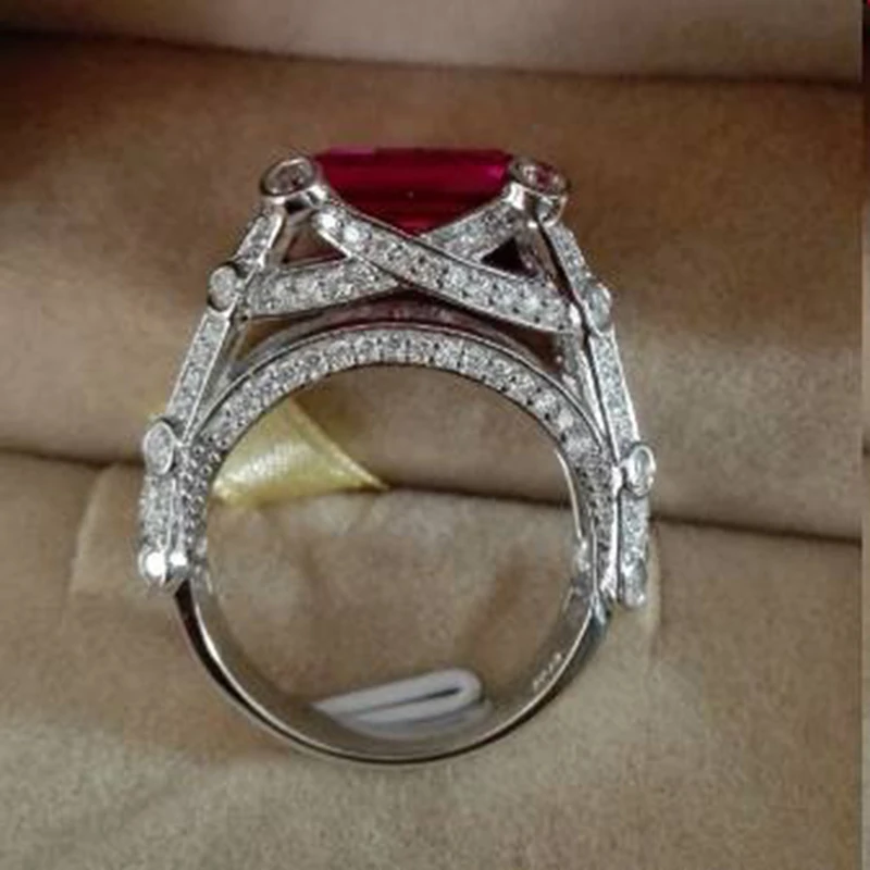 New Anillos Qi Xuan_Jewelry_Big Red Stone Luxury Cocktails Finger Rings_S925 Solid Silver Rings_Factory Directly Sales | Украшения и