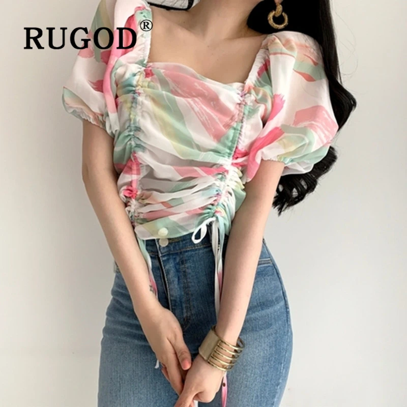 RUGOD корейский шик сладкий печатных женщин Блузка Элегантный квадратный вырез