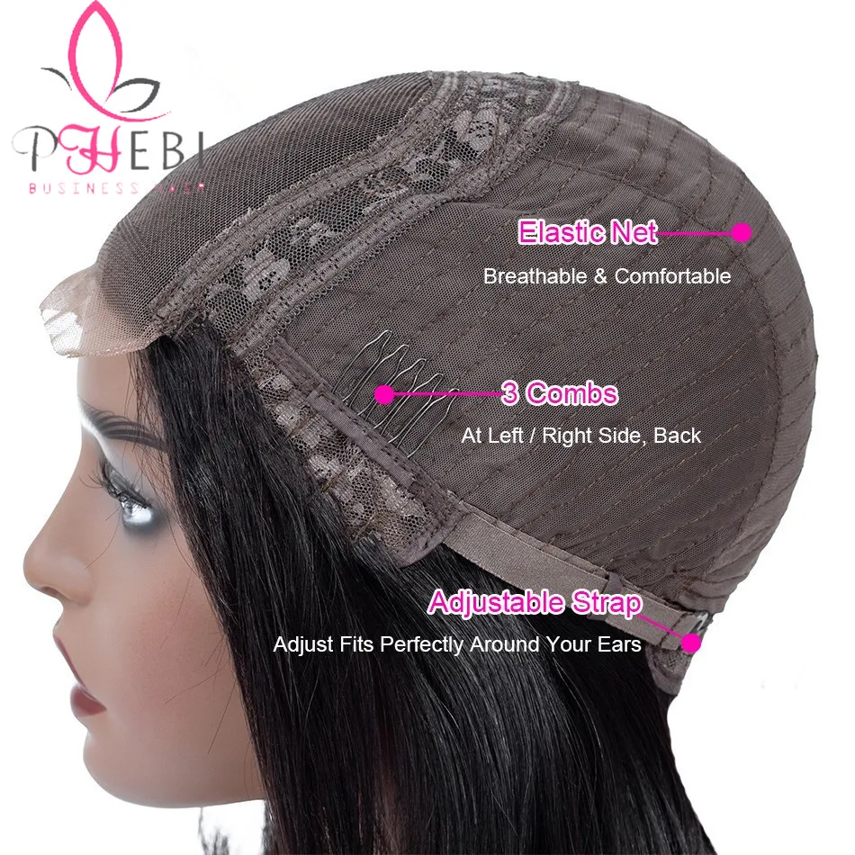 PHEBI 4*4 Lace Closure Human Hair Wigs Brazilian Straight Non-Remy Wig For Black Women Natural Color 130% Density | Шиньоны и парики