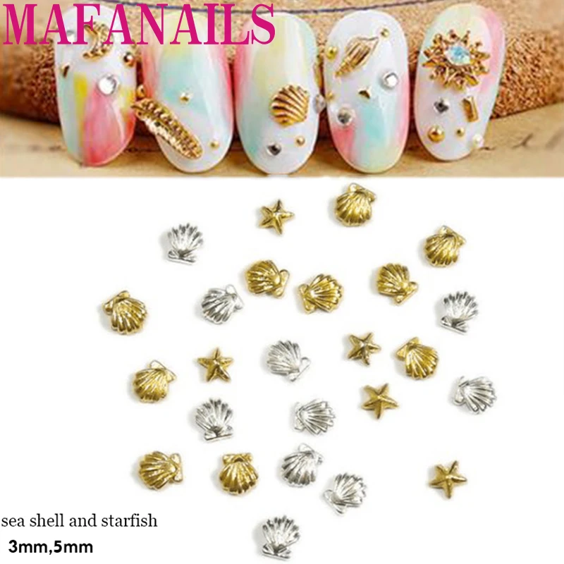 

100pcs 3D Nail Art Rhinestone 3mm&5mm Size Silver Gold Starfish Shell Design Nails Sticker DIY Alloy UV Gel Nail Art Decoration
