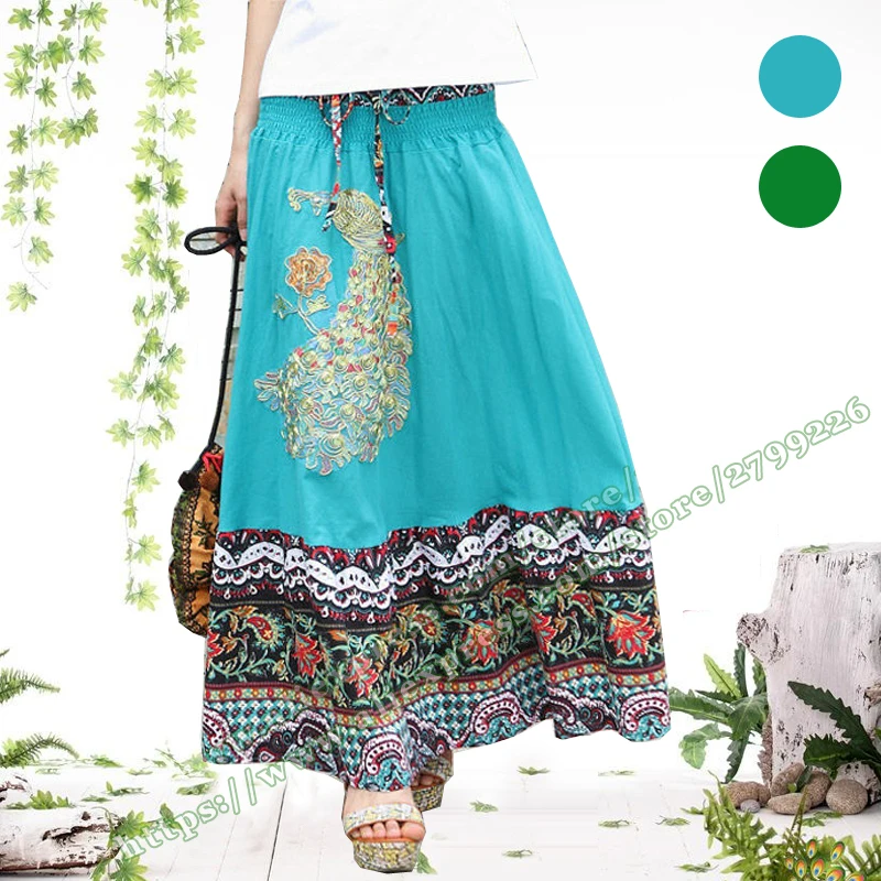 Женская пляжная юбка макси в богемном стиле Повседневная Зеленая хлопковая с