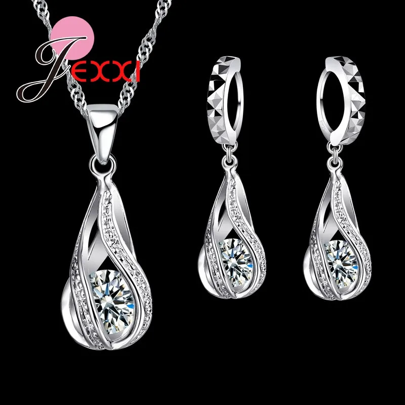 

High Quality Austrian CZ Crystal Necklace and Earrings 925 Sterling Silver Jewelry Sets for Women Wedding Accessories