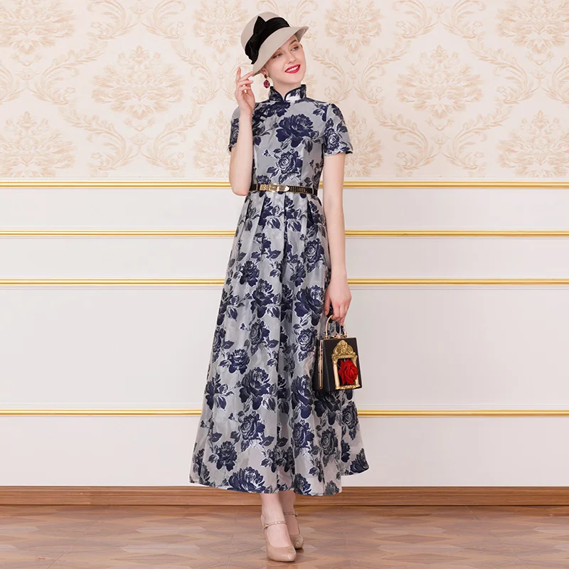 Жаккардовое Летнее Длинное платье с воротником стойкой подиумное длинное