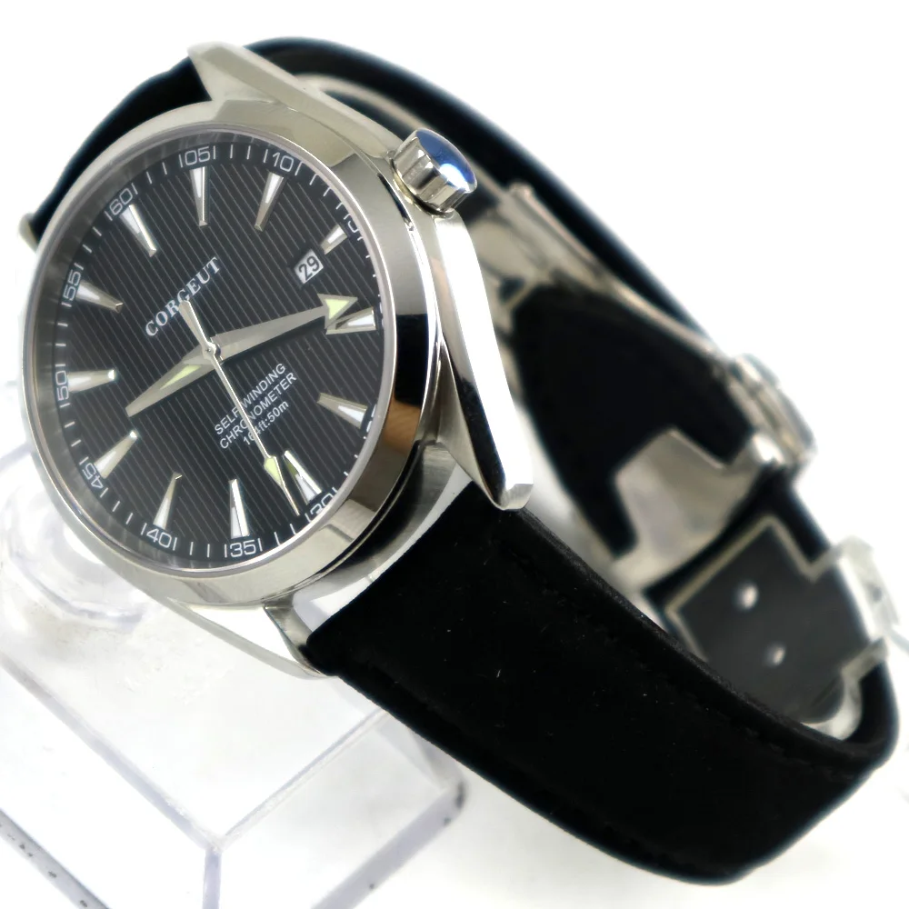 Полированные мужские часы 41 мм черный циферблат серебристые отметки