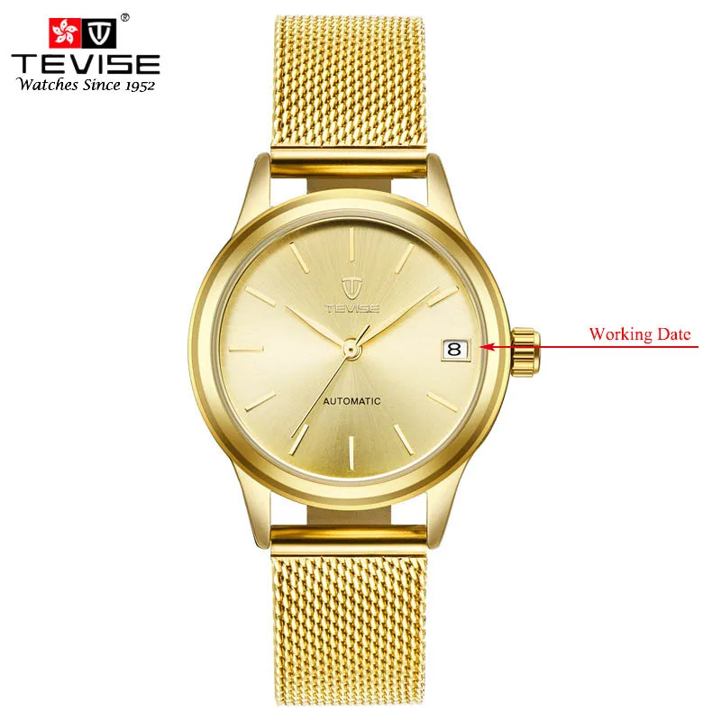 gold TEVISE, механические часы для женщин, автоматические, с сеткой, из нержавеющей стали, Авто Дата, модные, под платье, наручные часы, Montre Femme 9017 - Цвет: gold