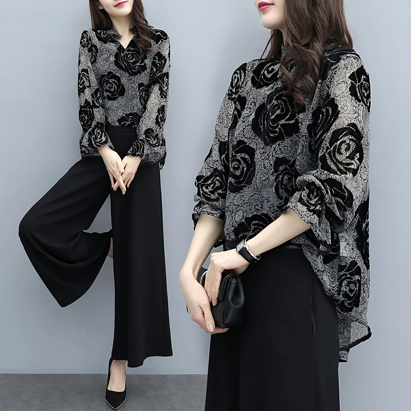 Женский офисный костюм из органической кожи Свободный Топ с цветочным принтом и