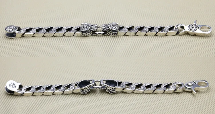 Браслет с двумя головами леопарда для мужчин 13 мм 64,1 г 100% чистого твёрдого серебра 925 Античные украшения модного стиля в подарок.