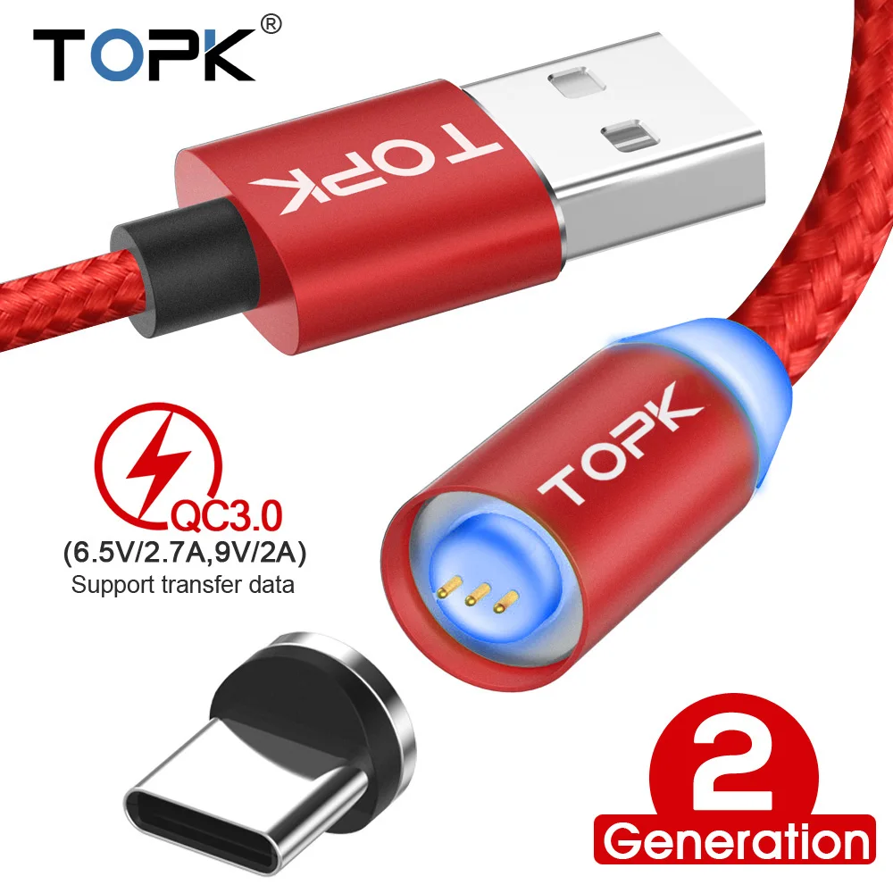 TOPK 2-го поколения светодиодный магнитный usb-кабель type-C и Micro USB кабель для быстрой