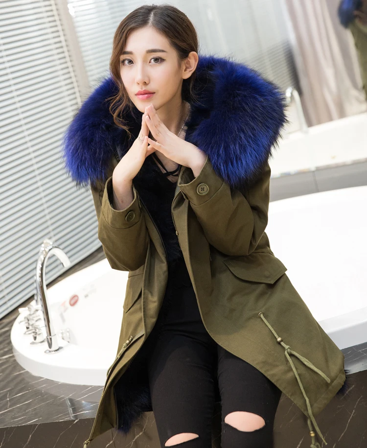 Новинка 2020 женская зимняя армейская зеленая и черная куртка пальто с лисьим