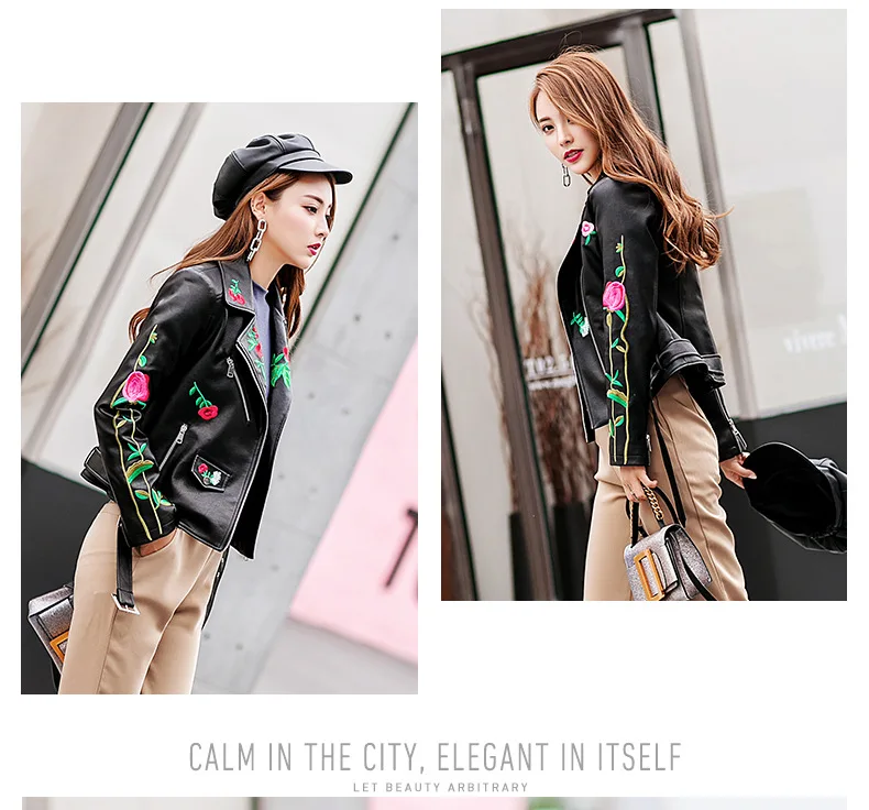 Женская кожаная куртка с цветочной вышивкой, осенне-зимнее пальто с вышивкой, Perfecto Femme Cuir, мотоциклетная куртка Deri Ceket LF17019