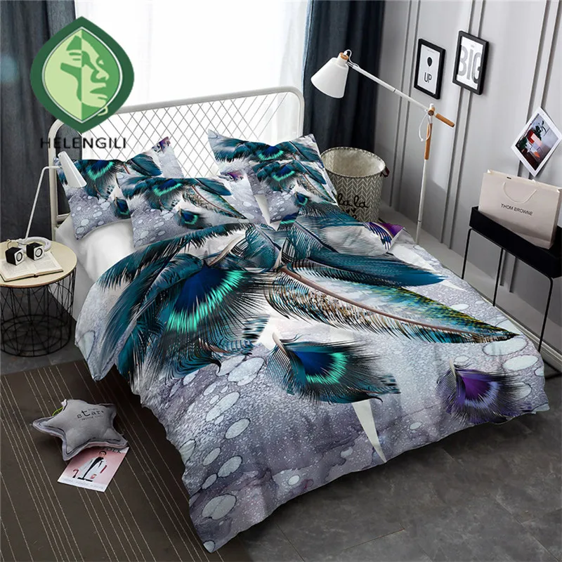 Фото 3d комплект постельного белья HELENGILI пододеяльник с принтом в виде перьев