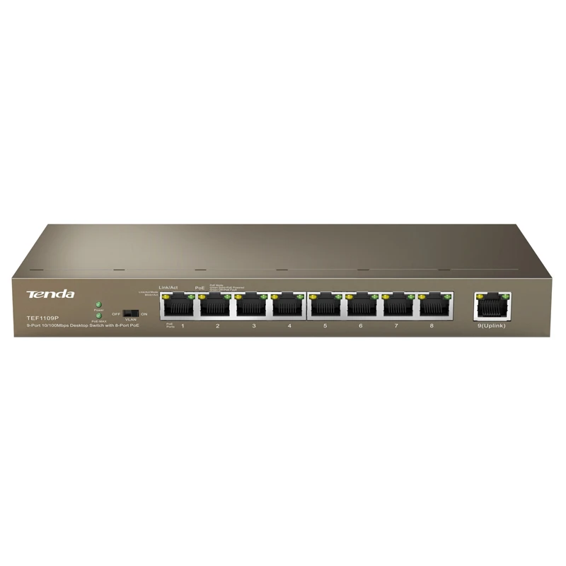 Tenda TEF1109P 8 63W коммутатор для интернет сети 9 Порты и разъёмы длиной 250 м расстояние