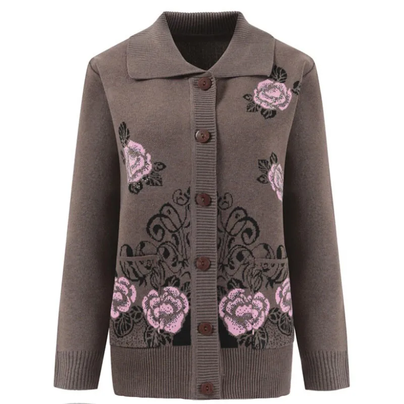 Вязаный кардиган для женщин среднего возраста свитер с принтом весна-осень