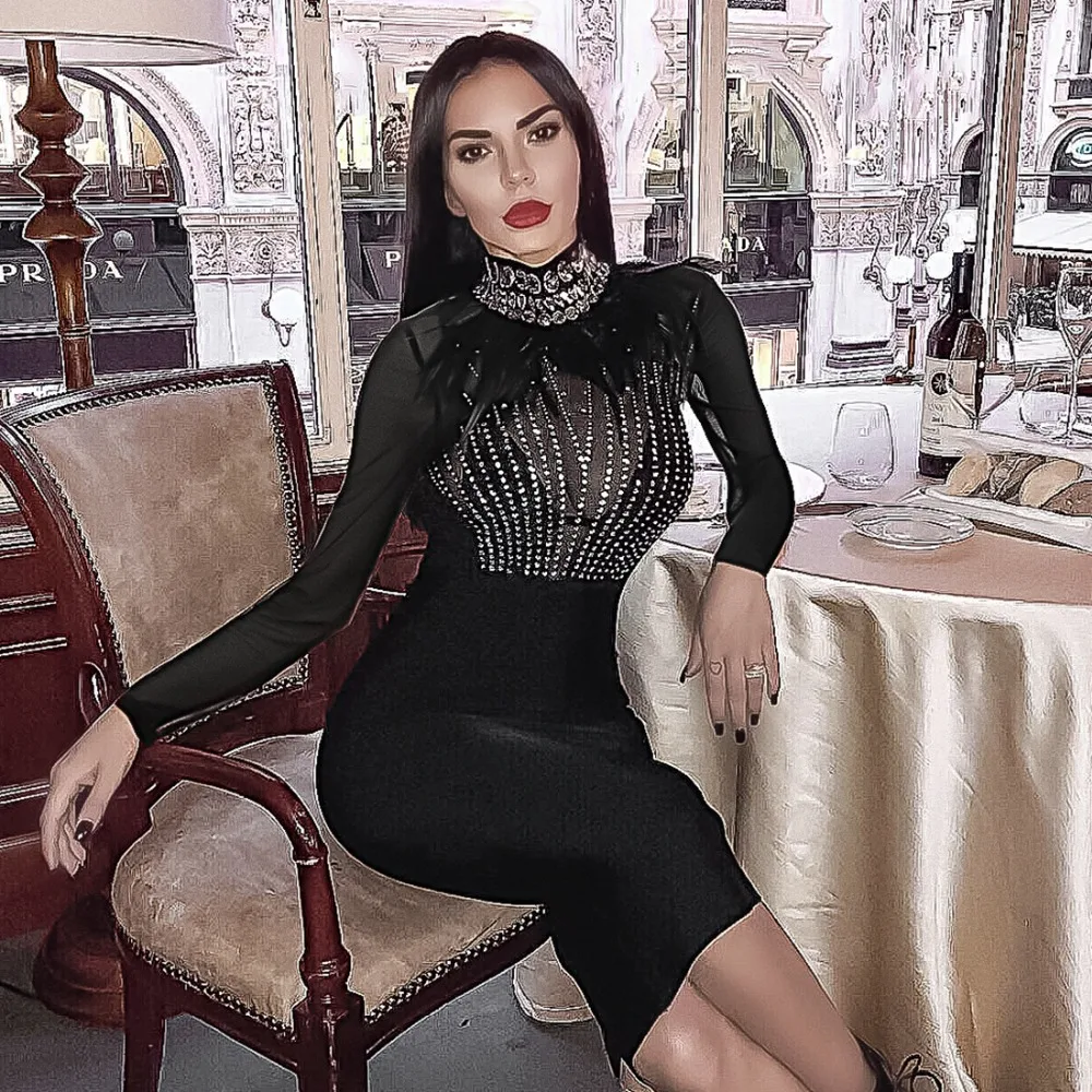 Высокое качество ity женское платье с высоким воротом полный элегантный