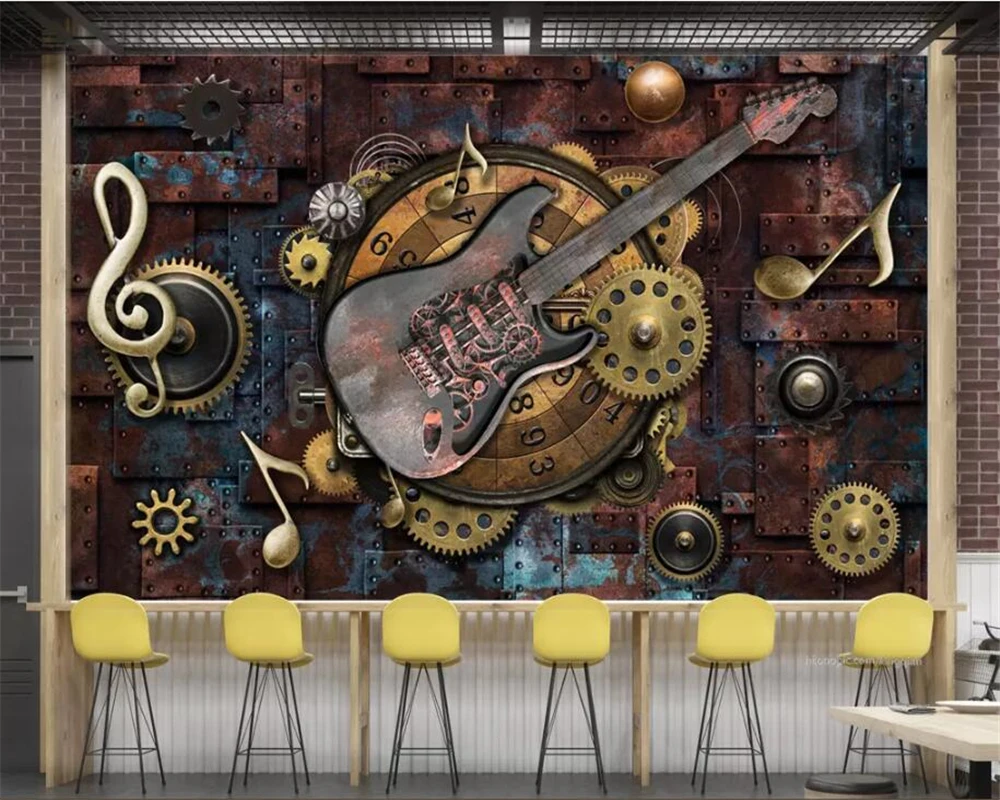 Custom Mural Wallpaper personality Vintage metal musical notes guitar bar KTV background wall wallpaper for walls 3 d