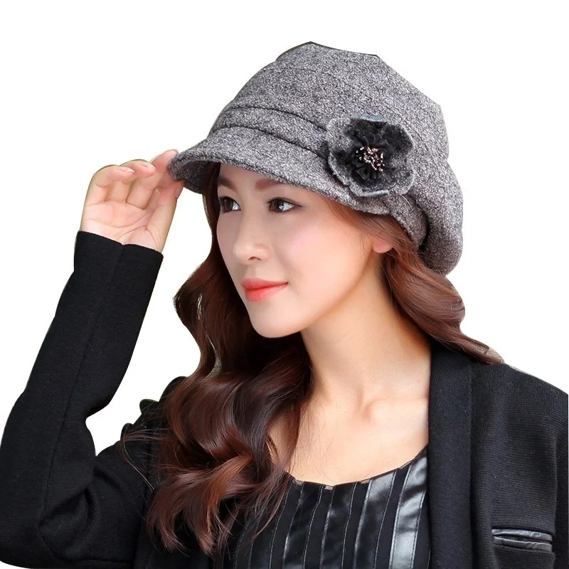 Осень зима берет цветок леди украшения Hat теплые простые Шерсть Твердые взрослых