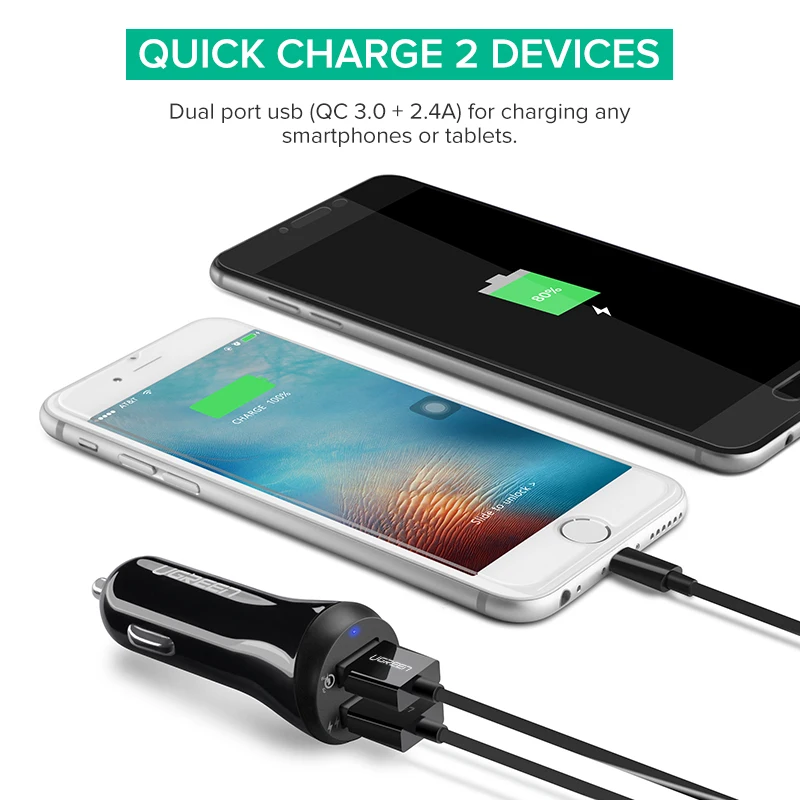 Автомобильное зарядное устройство Ugreen Quick Charge 3,0 USB быстрое зарядное устройство для Xiaomi Mi 9 iPhone X Xr 8 huawei samsung S9 S8 QC 3,0 USB Автомобильное зарядное устройство