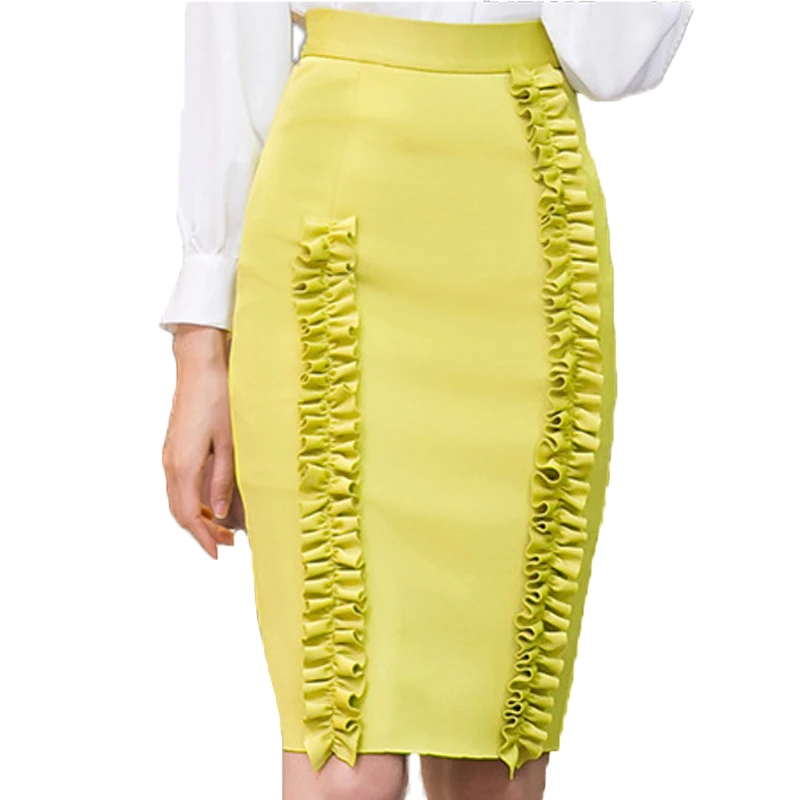 Юбка-карандаш женская с оборками офисная короткая элегантная до колен желтая