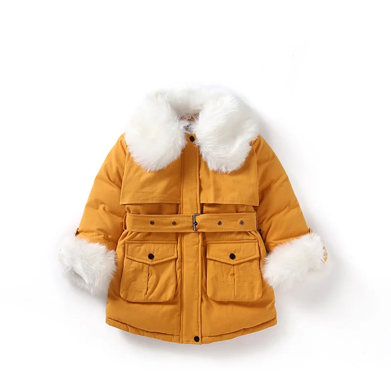 

Girls Long Sleeve Hoodless Fluffy Collar Fashion Mid-Long Coats Thicken Warm Cotton Windbreaker Winter Outdoor Jackets