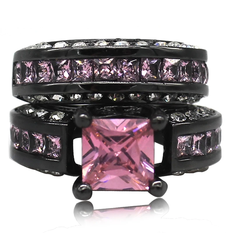 Комплект свадебных колец с Черным родием и розовым фианитом размеры 5 11|gemstone ring