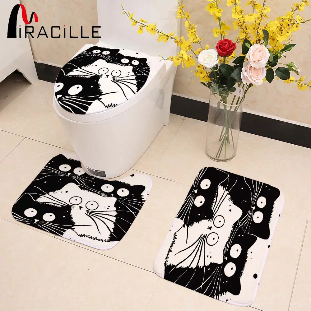 

Miracille 3 Piece Set Soft Coral Fleece Toilet Sets Toilet Seat Cover Cartoon Black and White Totoro Printed Warm Bath Rug